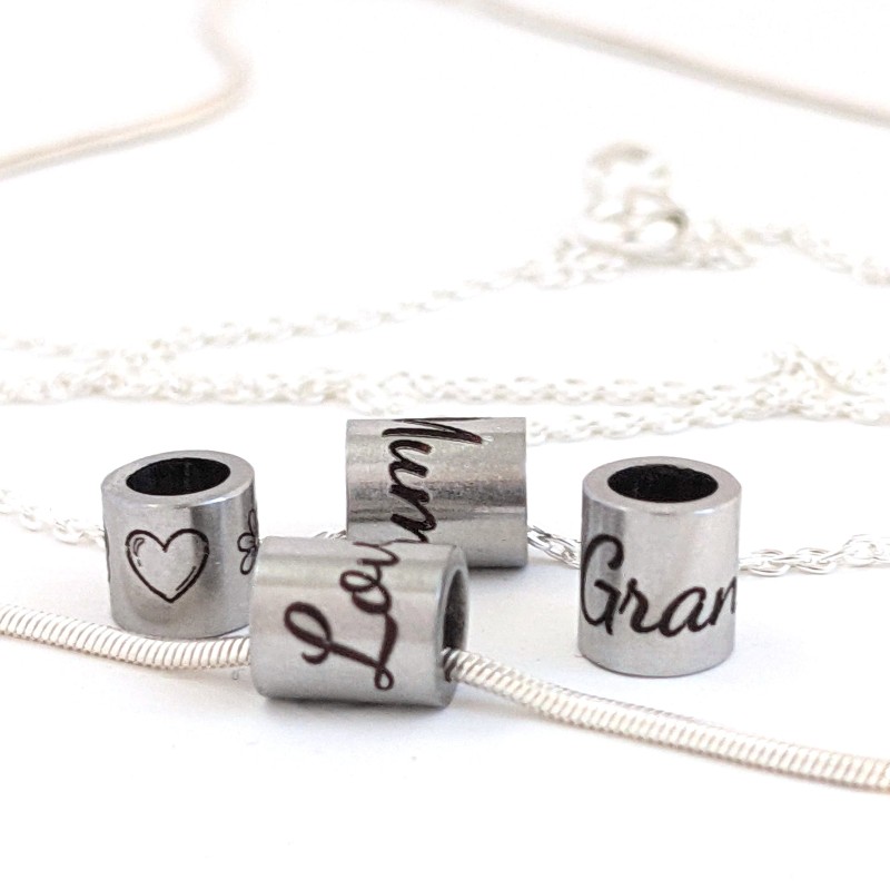 Engraved Tube Bead on Sterling Silver Snake or Trace Chain