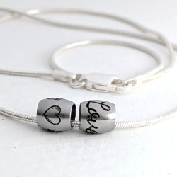 Engraved Barrel Bead on Sterling Silver Snake Chain