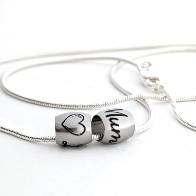 Engraved Barrel Bead on Sterling Silver Snake Chain