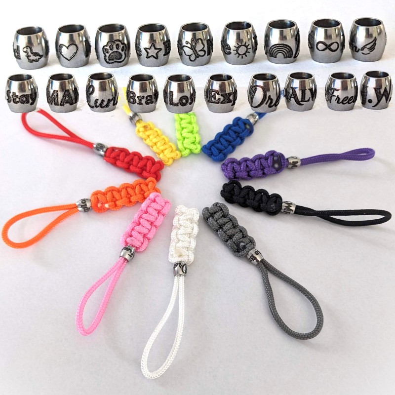 1 x Personalised Paracord Zipper Pull Keyring - Custom Engraved Bead