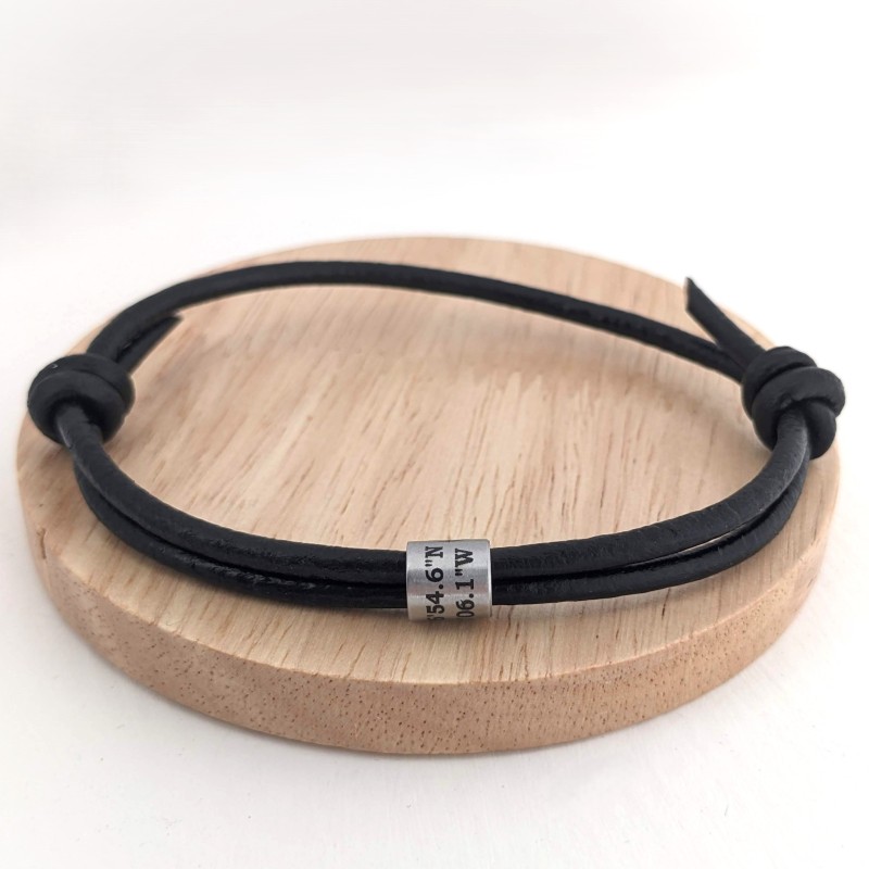 Personalised Leather Coordinates Bracelet: Location, Names, Dates, Symbols (Black, Brown, Natural)