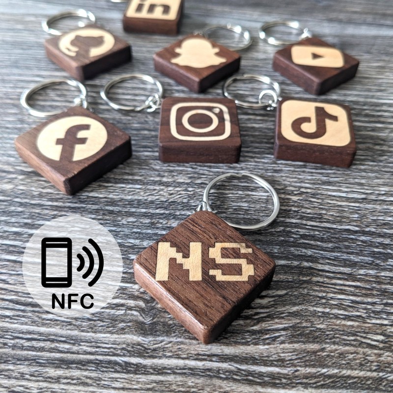 NFC Tag Keychain, Walnut & Maple Wood Inlay